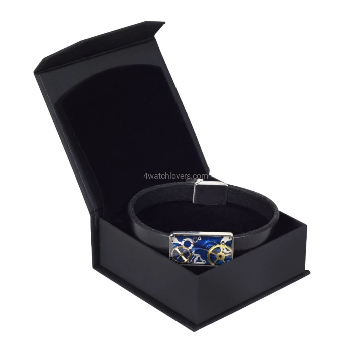 Silver bracelet with a composition of watch parts on a blue background art watches handmade original elegant unique exclusive jewelry 0.JPG